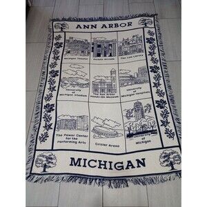 Ann Arbor University Of Michigan Throw Blanket Landmark 45x65 Vintage Blue White